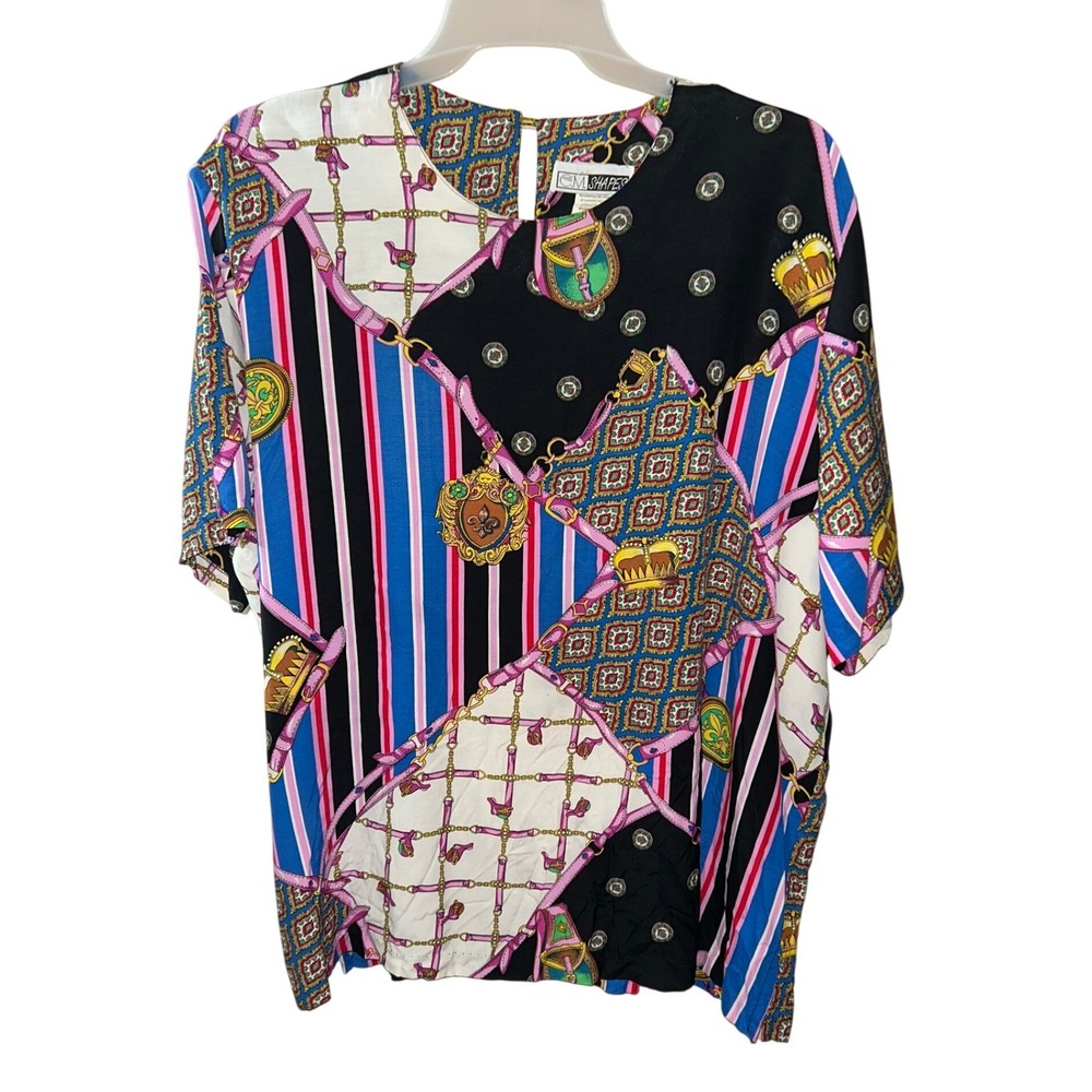 CM Shapes Vintage Scarf Print Blouse 3X Rayon Equestrian Chain Stripe Made USA